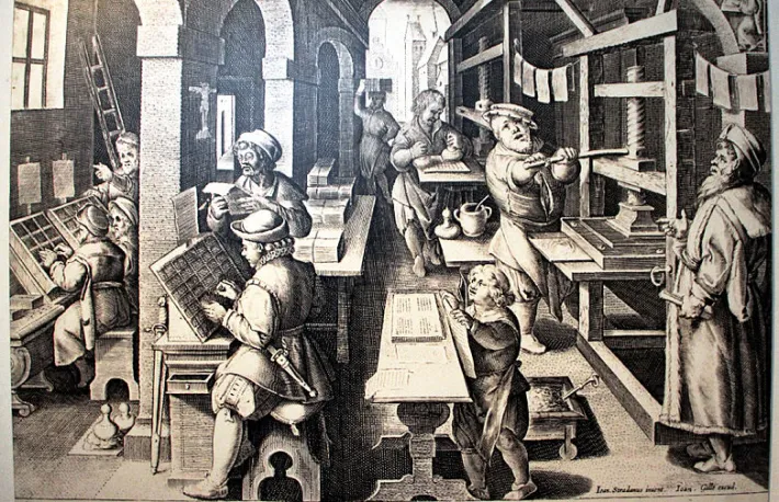 Engraving of a printing workshop in the 16th century